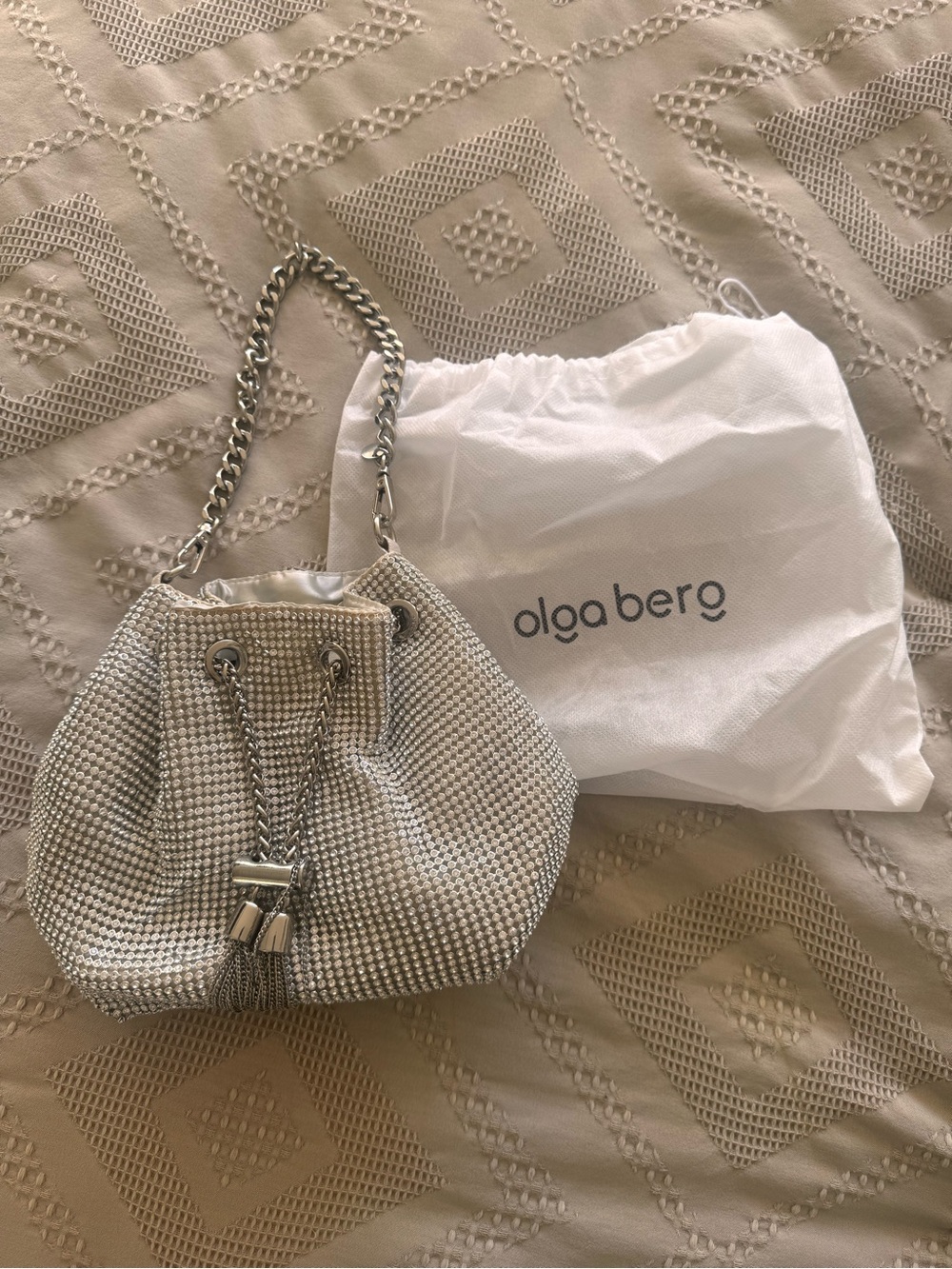 Olga Berg Silver Crystal Drawstring Mini Bag with Tassels